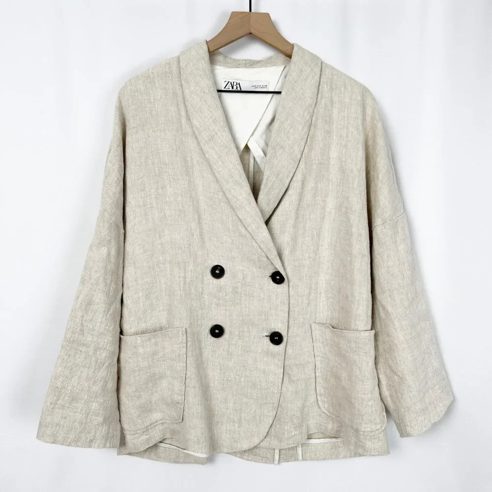 Zara Timeless Collection Linen Double Breasted Oversized Blazer Jacket Long Coat - Picture 3 of 6